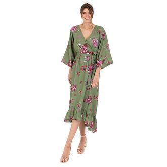 Lovedrobe Womens Womens Ladies Maxi Dress V-Neck Kimono Half Sleeve Wrap Front High-Low Hem Abstract Floral Print Waist Tie A-line Dress, Green