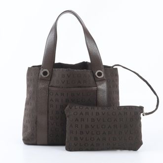 Bulgari Logomania Brown Leather Canvas Handbag Tote Bag (Pre-Owned)