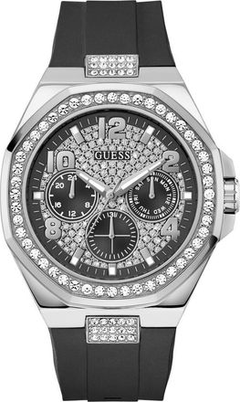 Guess Crystal Detail Multifunction Silicone Strap Watch, 46mm in Black/silver at Nordstrom