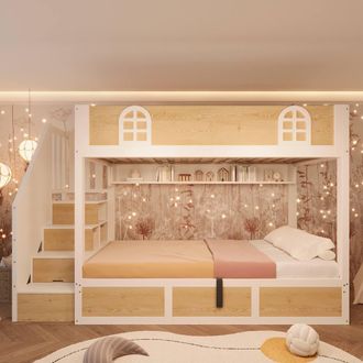 Merax Single Bunk Bed With Storage Stairs & Hydraulic Storage Base in White