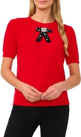 CeCe by Cynthia Steffe Embellished Velvet Bow Short Sleeve Sweater in Bright Cherry at Nordstrom Rack, Size Xx-Small