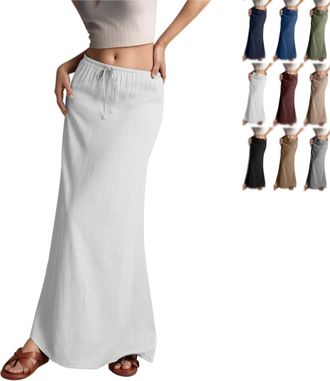 Generic Linen Maxi Skirts for Women, 2025 Summer Drawstring Waist A Line Skirts, Casual Loose Cute Vacation Long Skirts (White,XXL)