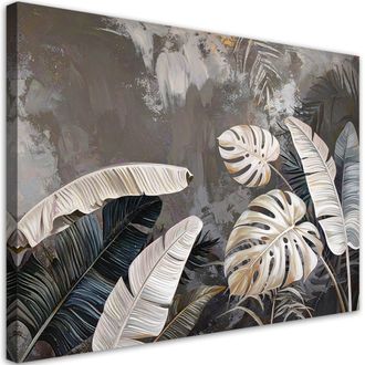 Feeby Cuadro Sobre Lienzo Hojas De Monstera Y Platanero Sobre Fondo Gris 100x70