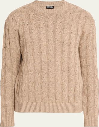 Ermenegildo Zegna Mens Beige Melange Cable-Knit Crewneck Sweater