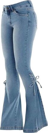 Generic JIER Womens Flared Jeans Stretchy Denim Pants Trousers Sexy Skinny Lace-Up Micro Pants Ladies Casual Long Denim Pants Lace Up Bell Bottom Jeans (Navy 