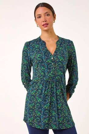 Roman Paisley Print V-Neck Tunic Stretch Top