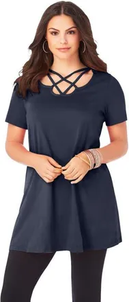 Roaman's Ultimate Lattice Neck Short Sleeve Tunic in Navy at Nordstrom, Size 16