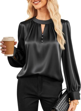 Grace Karin Ladies Casual Long Sleeve Satin Silk Tops Elegant Loose Fit Business Office Work Blouses Black S