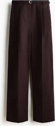 H&M Belted Linen-blend Trousers in Dark Brown at Nordstrom, Size 14