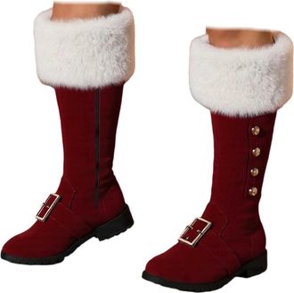 Generic Christmas Santa Claus Boots for Women UK Winter Fashion Mid-Calf Boots with White Plush & Side-Zip Wide Calf Combat Christmas Boot Fancy Dress Costume