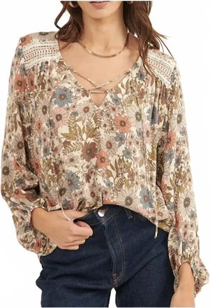 Promesa Floral V Neck Long Sleeve Self Tie Yoke Back Blouse In Cream