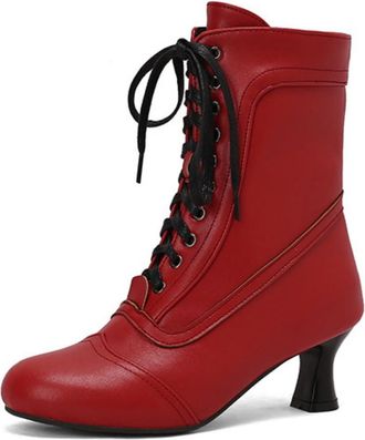 Generic Womens Kitten Heel Vintage Victorian Boots Lace Up Short Boots with Side Zipper Closed Round Toe Dress Shoes,Red,10.5 UK