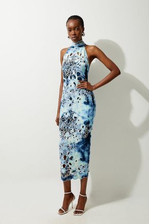 Karen Millen Petite Tie Dye Cutwork Twill Woven Halter Midi