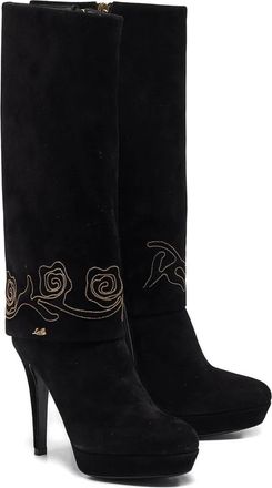 Loriblu 100 mm suède laarzen met geborduurde roos - Zwart