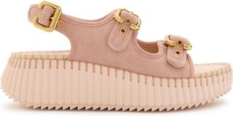 Chlo&eacute; Nama Whipstitched Suede Wedge Sandals - Rose - 37 (IT37 / UK4)