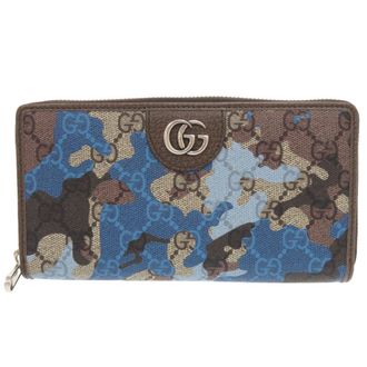 Gucci Beige Blue Coated Canvas Long Wallet (Bi-Fold) (Pre-Owned)