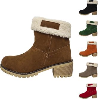Generic Womens Suede Snow Boots Winter Thick Warm Faux Fur Lined Ankle Boots Ladies Insulated Chunky Square Heel Mid-Calf Booties Waterproof Anti-Slip Rubber 