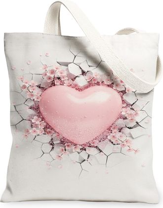 Generic Heart Floral Canvas Tote Bags, Peach Blossom Design Reusable Grocery Bags, Spring Vintage Lightweight Washable Shoulder Str, Peach, 13x15 Inch