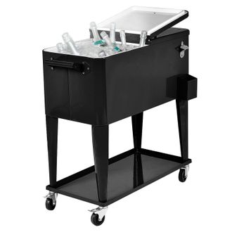 Costway Costway 76L Stainless Steel Ice Chest Rolling Cooler Cart Outdoor Wicker Tub Trolley in Black