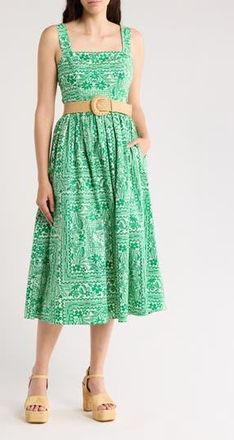 Eliza J Print Belted Sleeveless Midi Dress in Green at Nordstrom Rack, Size 12