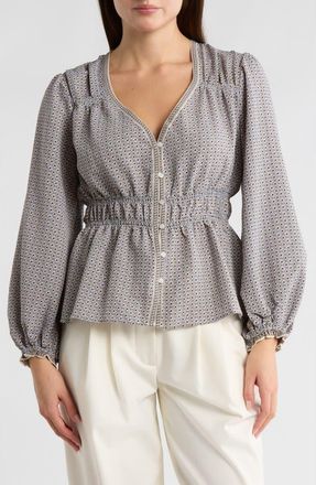 Max Studio Balloon Sleeve Button-Up Peplum Top in Ivory/Sky Small Infinite Tess at Nordstrom Rack, Size X-Small