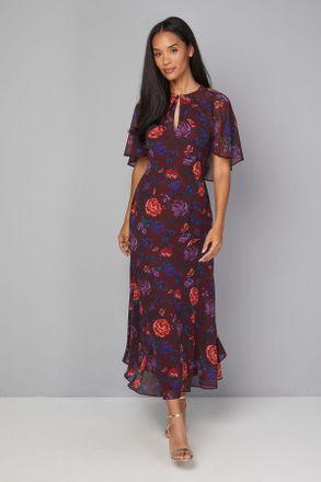 Wallis Womens Floral Cape Sleeve Midi Dress - Burgundy - Size 12 UK
