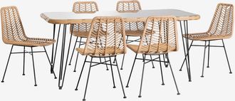 Sklum Sklum - Set De Mesa Rectangular En Mimbre Sint&eacute;tico (180x90 Cm) Leribert Y 6 Sillas De Comedor En Rat&aacute;n Sint&eacute;tico Gouda Natural