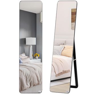 HOMCOM Homcom - Specchio Da Terra E Parete In Legno Con Supporto Pieghevole Nero