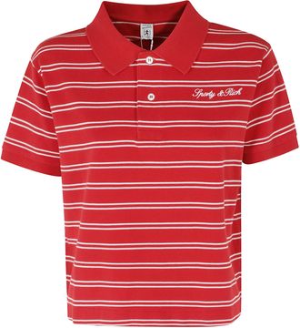 Sporty & Rich Red Signature Logo Striped Boxy Cotton Polo Shirt