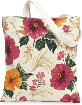 Generic Spring Hibiscus Flower Canvas Tote Bag for Shopping 13x15, Vintage Wildflower Florals Reusable Grocery Print Bag for Women, Aesthetic Beach Aesthetic 