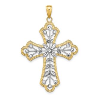 Diamond2Deal 14k Yellow Gold W/ Rhodium and D/C Leaves And Beaded Cross Charm Pendant