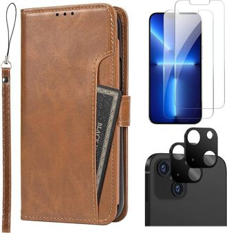 Sahara Indy Series Brown Leather Folio Wallet Case with Tempered Glass Screen and Camera Protector - iPhone 14