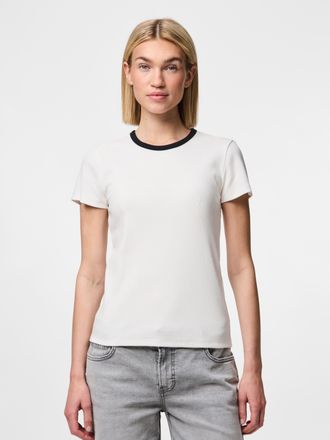 Pieces Kurzarmshirt PIECES PCMAY SS TEE NOOS BC, Damen, Gr. L (40), weiss (hellwei&szlig; detail:schwarz contrast), Jersey, Obermaterial: 95% Baumwolle, 5% Elastha