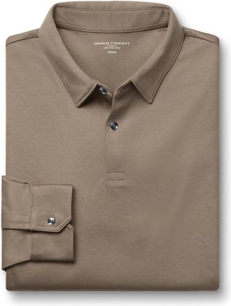 CHARLES TYRWHITT Long Sleeve Smart Jersey Cotton Polo - Mocha Size Large by Charles Tyrwhitt