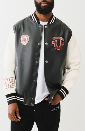 True Religion Faux Leather Varsity Jacket in Black /Winter White at Nordstrom Rack, Size X-Large