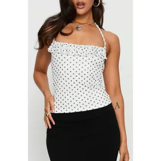 Princess Polly Days of Summer Dot Ruffle Halter Top in White Polka Dot at Nordstrom, Size 12