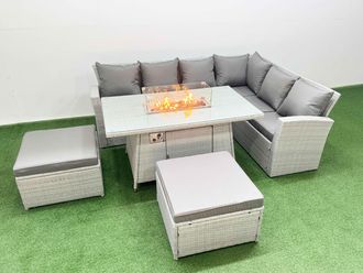 Fimous 8 Seat Rattan Garden Furniture Corner Sofa Set Gas Firepit Table Set in Light Grey