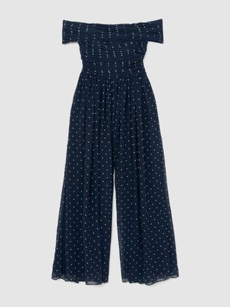 Reiss Polka-dot Bardot Wide-leg Jumpsuit, 16