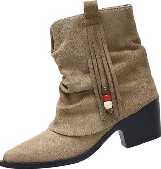 Generic Ankle Boots Women Chunky Heel Wide Calf Fold Over Booties Casual Tassel Beaded Stylish Comfortable Versatile Slip On Boots Outdoor