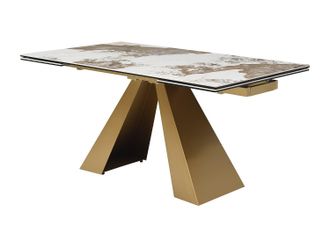 Vente-Unique Mesa extensible de comedor para 6 a 10 personas de vidrio templado, cer&aacute;mica y metal dorado - Efecto m&aacute;rmol blanco y topo - LOZIPA de Maison C&eacute;phy