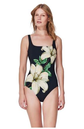Gottex Yuri Flower Square Neck One Piece in Black-Cream at Nordstrom, Size 6