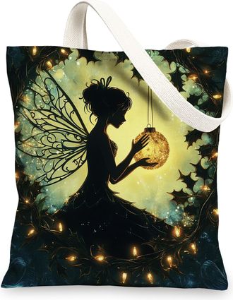Generic Whimsical Christmas Fairy Canvas Tote Bag for Shopping 13x15, Fun Aesthetic Retro Xmas Reusable Grocery Print Pattern Bag for Women, Holiday New Year 