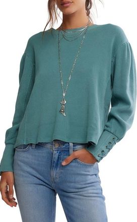 Free People Lapis Lace-Up Cuff Cotton Thermal Top in Cypress at Nordstrom, Size X-Large