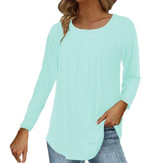 Generic Long Sleeve Plain Thermal Tops for Women Womens Autumn Casual Solid Vertical Wrinkle Round Neck Long Sleeve T Shirt Underlay for Home Daily Wear Xmas 