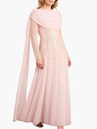 Needle & Thread Moonlight Sequin Draped Long Sleeve Gown in Shell/gold at Nordstrom, Size 14