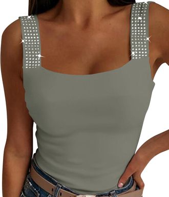 Generic WomenS Vests Top Sexy Square Neck Camisole Blouse Solid Color Slim Running Yoga Blouses Tank Tops Rhinestone Straps Sleeveless Vest Basic Going Out Ca