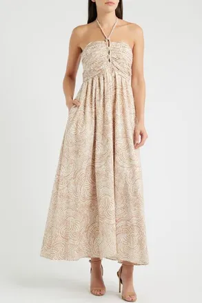 Parker Ruched Cutout Halter Midi Dress in Buttercream at Nordstrom, Size 10