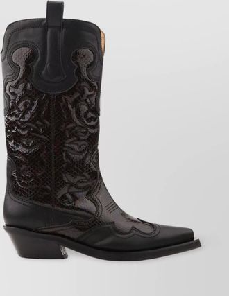 Ganni leather embroidered western mid-calf boots