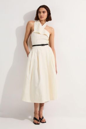 Karen Millen Womens Premium Linen Viscose Pinstripe Halter Neck Belted Full Skirted Midi Dress - Multicolour - Size 14 UK