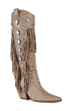 Azalea Wang Tadao Fringe & Crystal Embellished Western Boot in Beige at Nordstrom Rack, Size 7.5